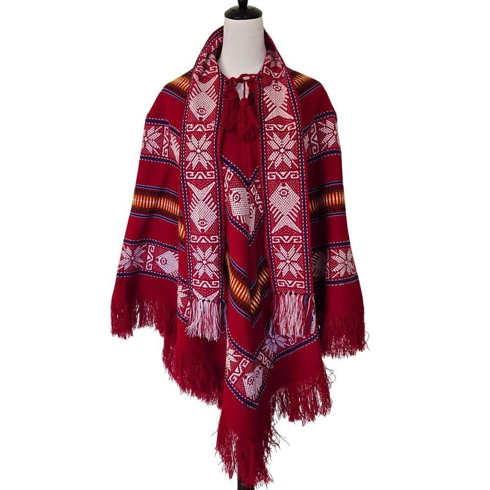 Handmade Otavalo Red Wool Poncho/Cape Made in Ecuador One Size Tribal Boho